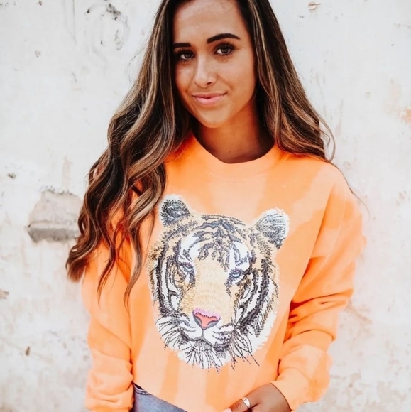 Distressed Vintage Couture Tops - Neon Orange Tiger Sweatshirt